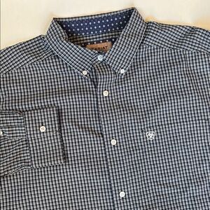 Ariat Blue White Plaid Wrinkle Free Long Sleeve Button Shirt Cotton Mens Size XL